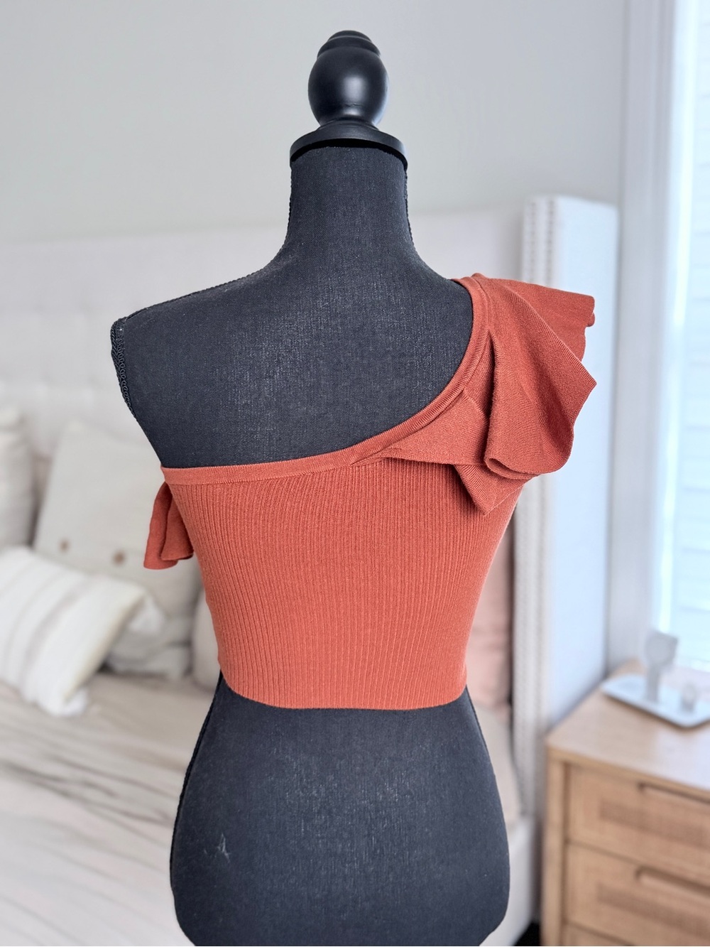 Express One-Shoulder Ruffle Crop Top in Rust - Picture 2 of 4